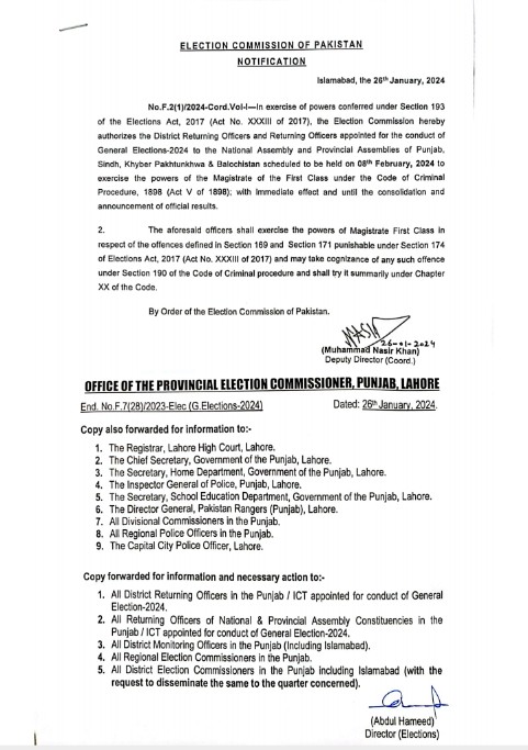 Election Commission of Pakistan authorizes Returning Officers to work as Magistrates