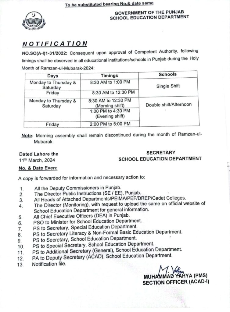 Revised Schedule Date Sheet for Final Term School Based Assessment (SBA) 2024 and implementation of SOPs in schools across Punjab